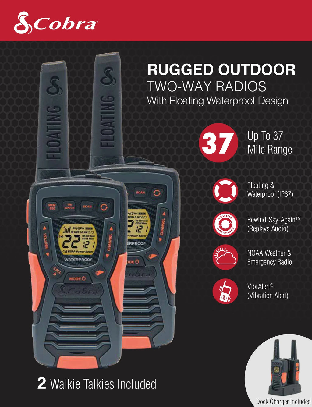 Cobra ACXT1037R-FLT Walkie Talkies - Floating, Rechargeable 37-mile Range Two-Way Radios (2-Pack)