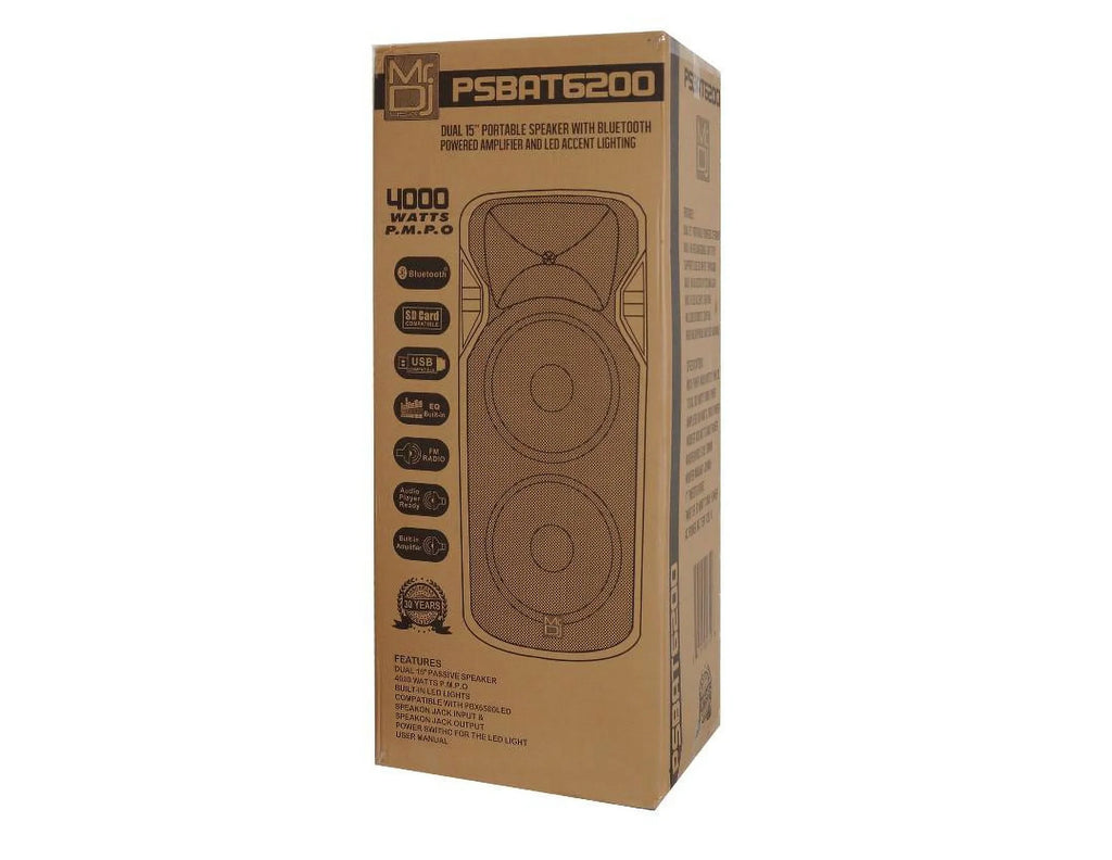 Mr Dj PSBAT6200 Dual 15-Inch 4000 Watt Max Power 3 Way Party Speaker with Built-In Bluetooth & Rechargeable Battery