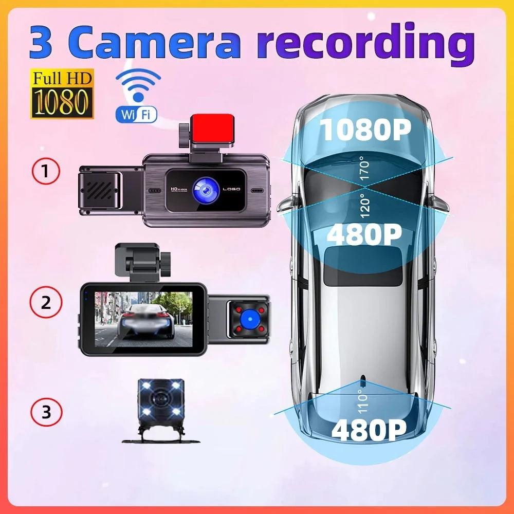 Spirastell Dash Cam,Clear Car Rearview 3 Cameras Car Rearview Mirror Dash Cam Car Camera Mirror Car Video Rearview Mirror Car Cam Rear 3 WIFI Auto Safety Video Wide Car Camera WIFI Auto