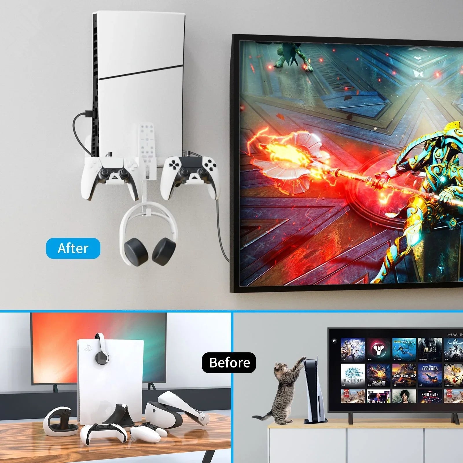 Strong Iron Wall Mount Bracket Set for PS5 Slim Space-Saving, Secure, and Convenient Storage with Dual Charging Cable
