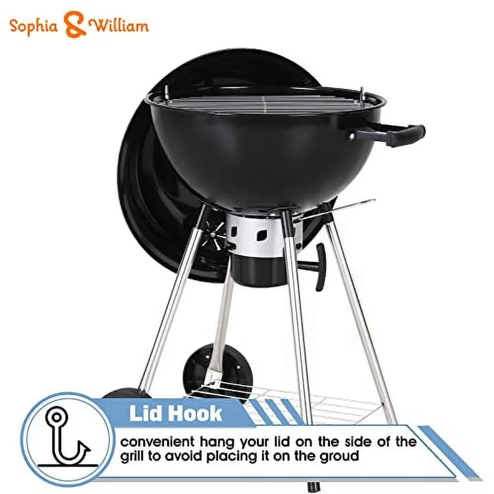 Sophia & William 18-inch Kettle Charcoal BBQ Grill with Porcelain-Enameled Lid and Bowl, Chromeplated Grate, Ash Catcher for Outdoor Picnic BBQ Patio Camping, Black