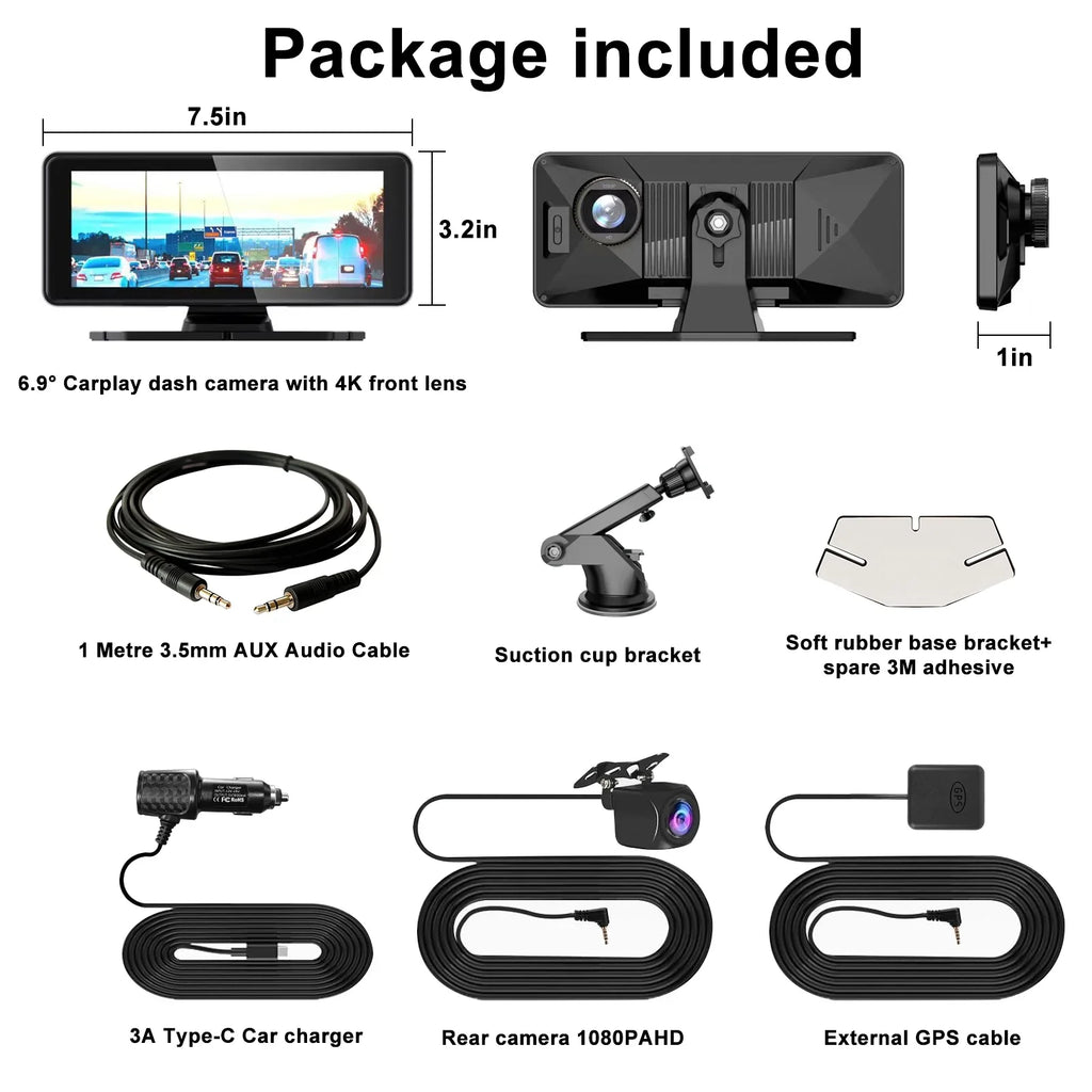 NEXPOW Carplay Touchscreen with 4K Dash Cam, Portable Apple Carplay & Android Auto Car Stereo, Car Audio Receivers with 1080p Backup Camera, GPS Navigation, Bluetooth (6.9inches)