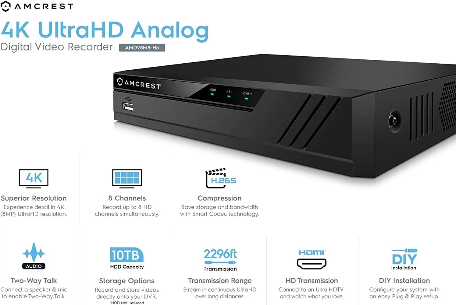 Amcrest 4K UltraHD 8 Channel DVR Security System Recorder, 8MP Security DVR for Analog Security Cameras & Amcrest IP Cameras, Remote Smartphone Access, HDD & Cameras NOT Included (AMDV8M8-H5)(Used)