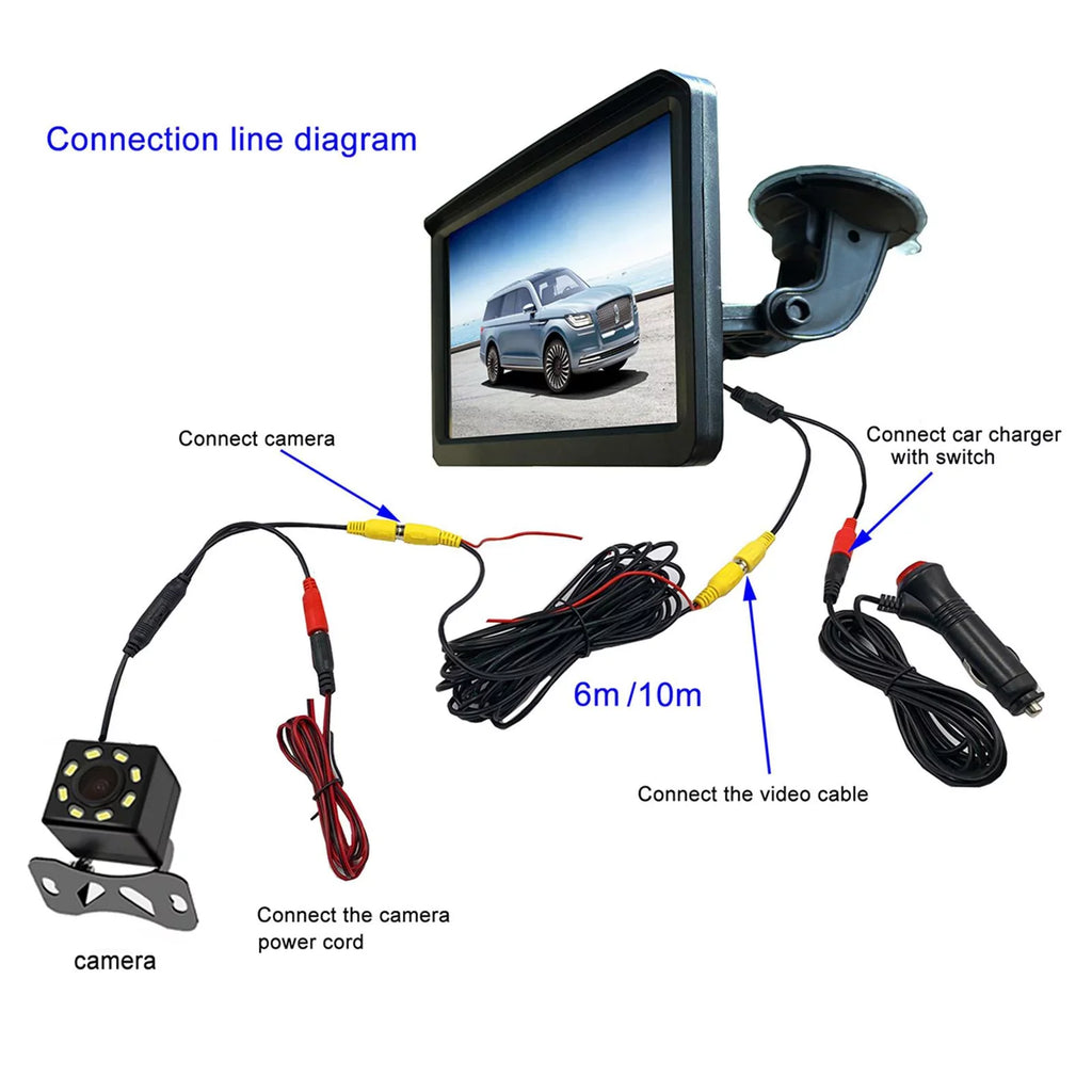 Car Rearview Monitor 7" Park Assist Vehicle Parking System Easy Installation 10M Video Cable Screen Waterproof LCD 8 LED Camera SUV Car