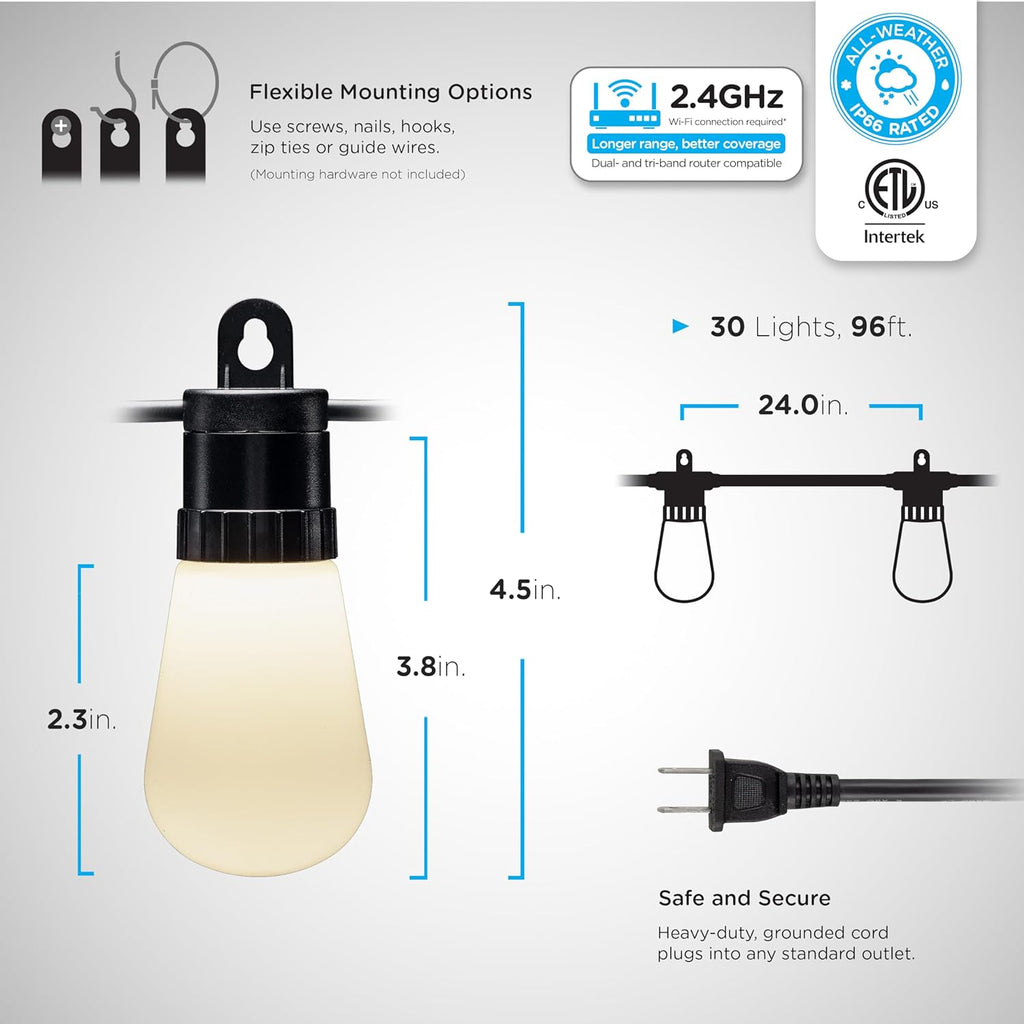 YANRUI Smart Color Changing String Lights, 96 ft, 30 Lightweight RGB LED Patio Lights, Condition Customizable, Wi-Fi App Control, Dimmable Outdoor String Lights, 79617