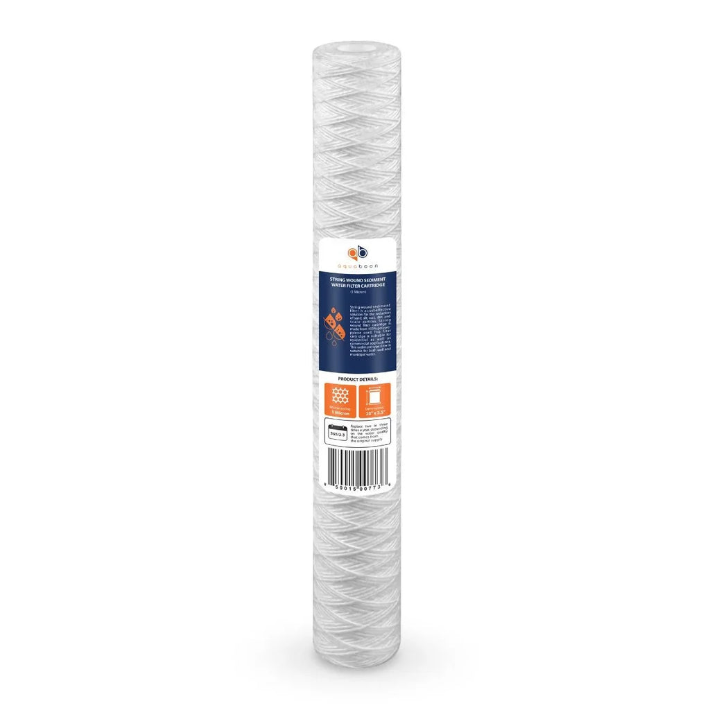 Aquaboon 1 Micron 20" x 2.5" String Wound Sediment Water Filter Cartridge | Universal Replacement for Any 20 inch RO Unit | Suitable with 101-230, PD-5-20, AP110-2C, P5-20, CFS124-C20, 4-Pack
