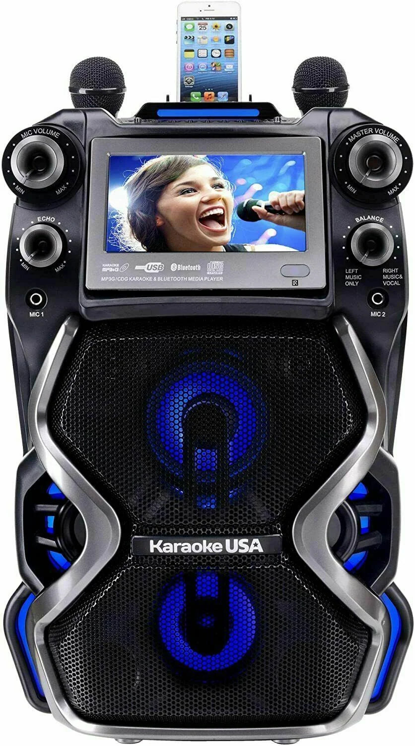 Karaoke USA CDG/MP3G 300W Portable Rechargeable Karaoke Player w/ 2 Mics