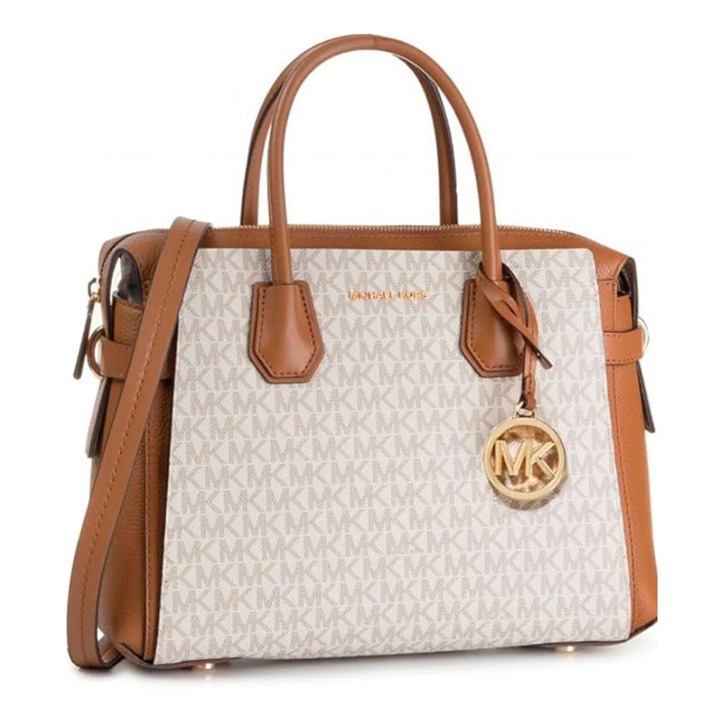 Michael Kors Womens Mercer Medium Logo and Leather Belted Satchel Vanilla 35F2GM9S8B-149