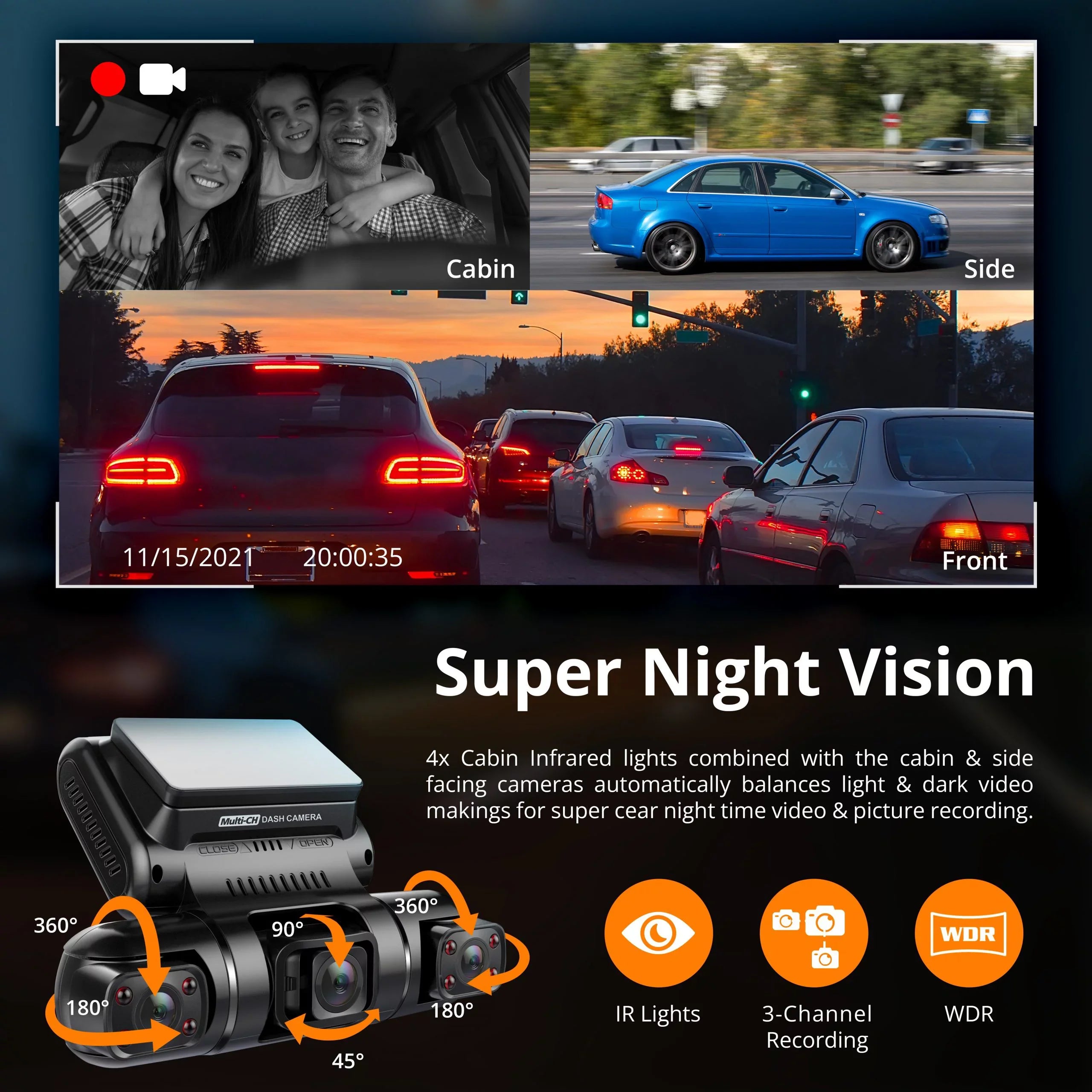 Rexing S3 3-Channel Dash Cam Front, Cabin, Sides 1080P+1080p+1080p