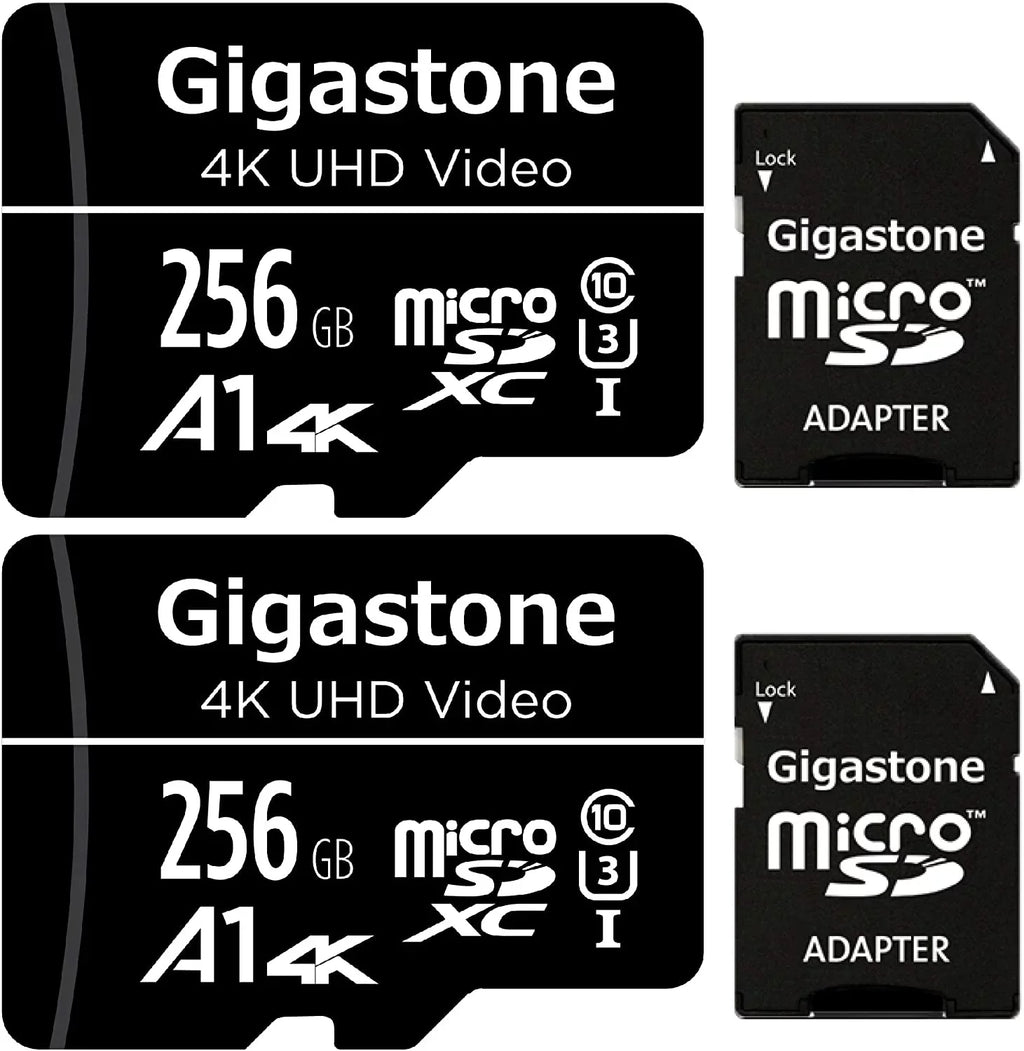 Gigastone 256GB Micro SD memory Card, 4K UHD Video, Surveillance Security Cam Action Camera Drone Professional, Dash Cams, 100MB/s Micro SDXC UHS-I A1 Class 10, 2 Pack (2x256GB)