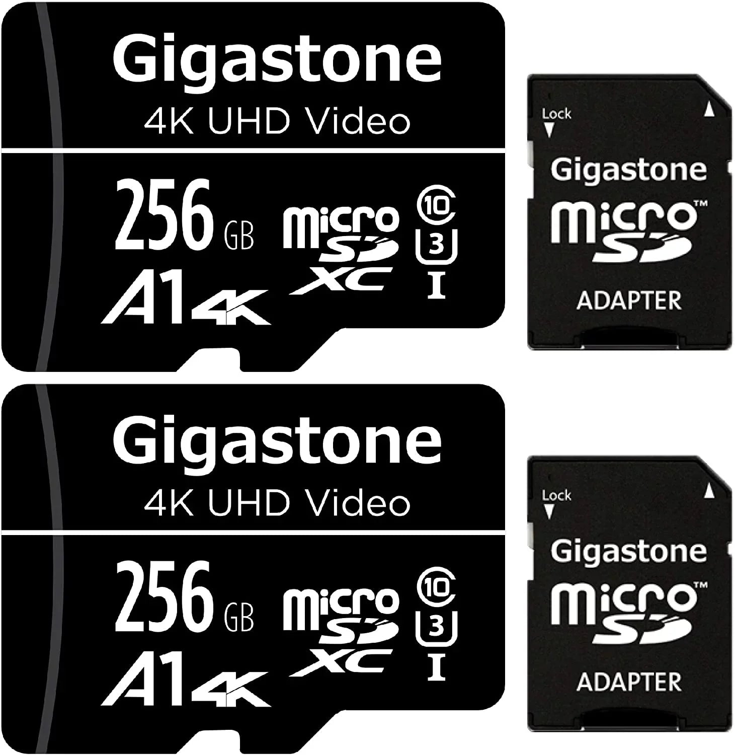 Gigastone 256GB Micro SD memory Card, 4K UHD Video, Surveillance Security Cam Action Camera Drone Professional, Dash Cams, 100MB/s Micro SDXC UHS-I A1 Class 10, 2 Pack (2x256GB)