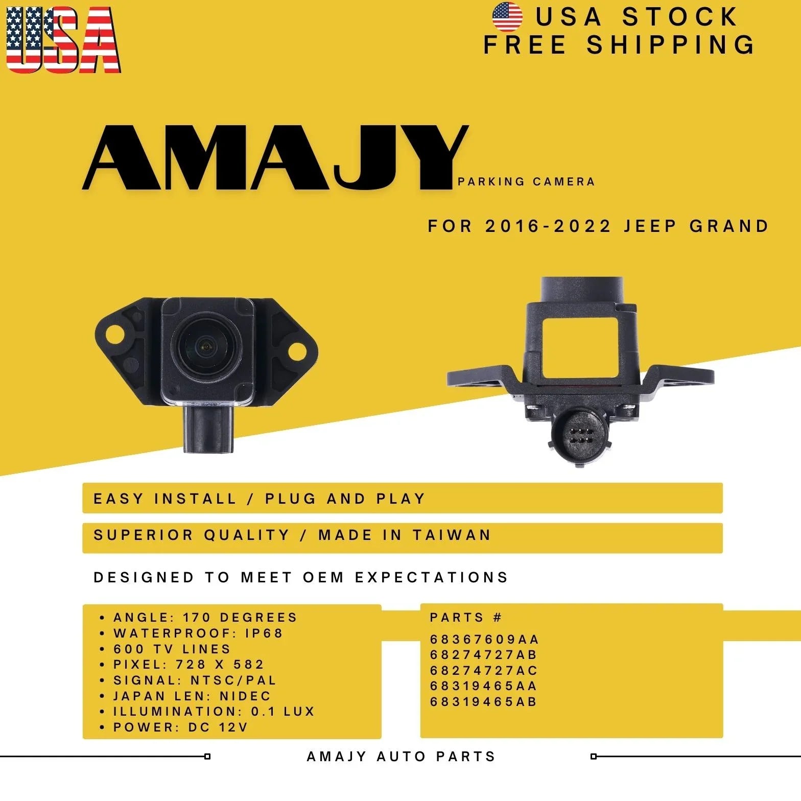 Backup Camera Replaces for 16-22 Jeep Grand 68367609AA 68274727AB 68274727AC 68319465AA 68319465AB