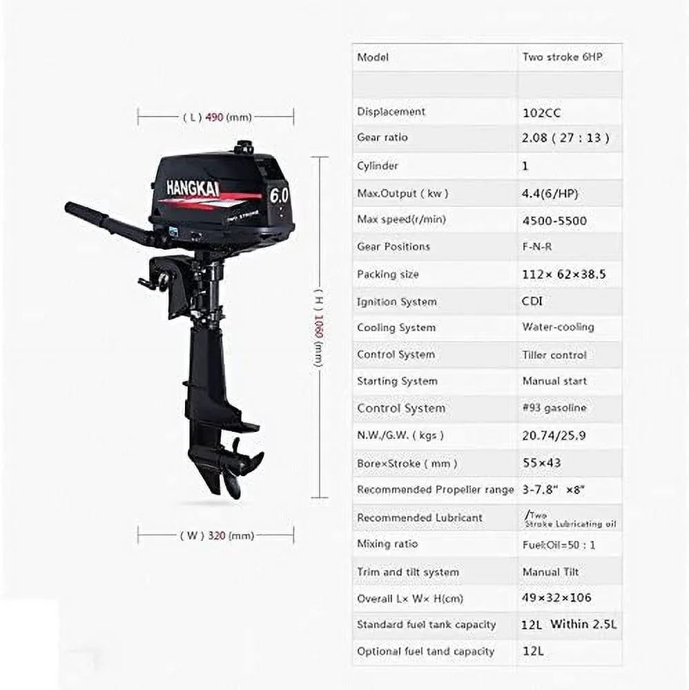 MONIPA 6 HP 2-Stroke Outboard Motor Tiller Shaft Inflatable Fishing Craft Marine Engine Water Cooling CDI System