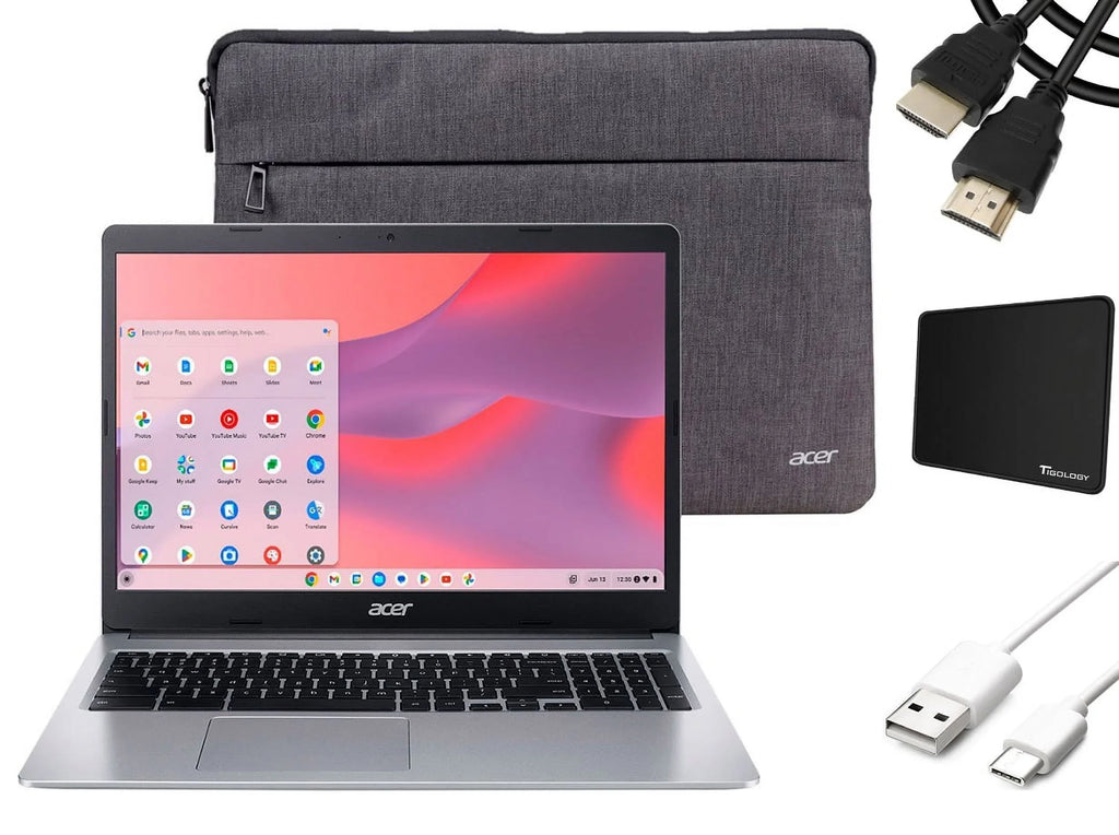 Acer Chromebook 315 Laptop, 15.6" HD Display, Intel Celeron N4020, 4GB LPDDR4, 64GB eMMC, Long Battery Life, Wi-Fi 5, Bluetooth, Chrome OS, Silver with Sleeve + Tigology Accessories