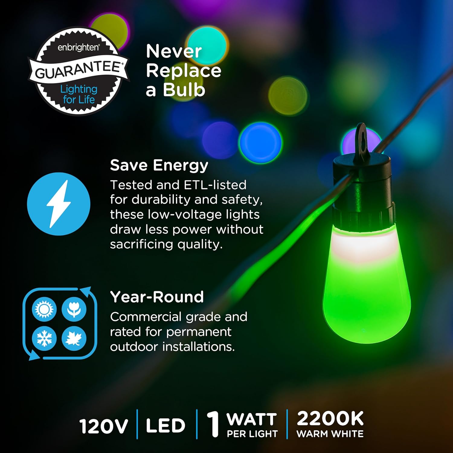 YANRUI Smart Color Changing String Lights, 96 ft, 30 Lightweight RGB LED Patio Lights, Condition Customizable, Wi-Fi App Control, Dimmable Outdoor String Lights, 79617
