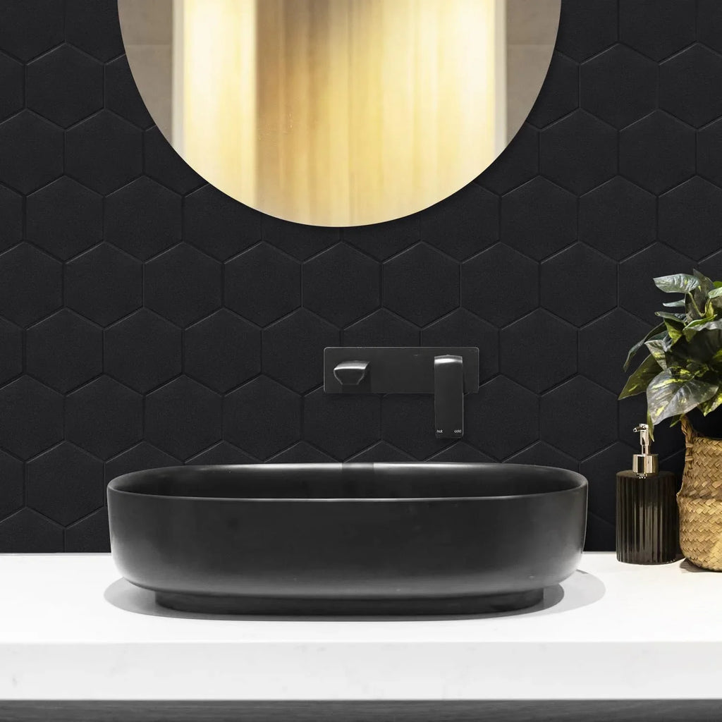 Real 3D Matte Black Self Adhesive PET Tiles Big Hexagon Peel and Stick Backsplash for Kitchen Bathroom(11.57''x10.35'',10-Sheet)