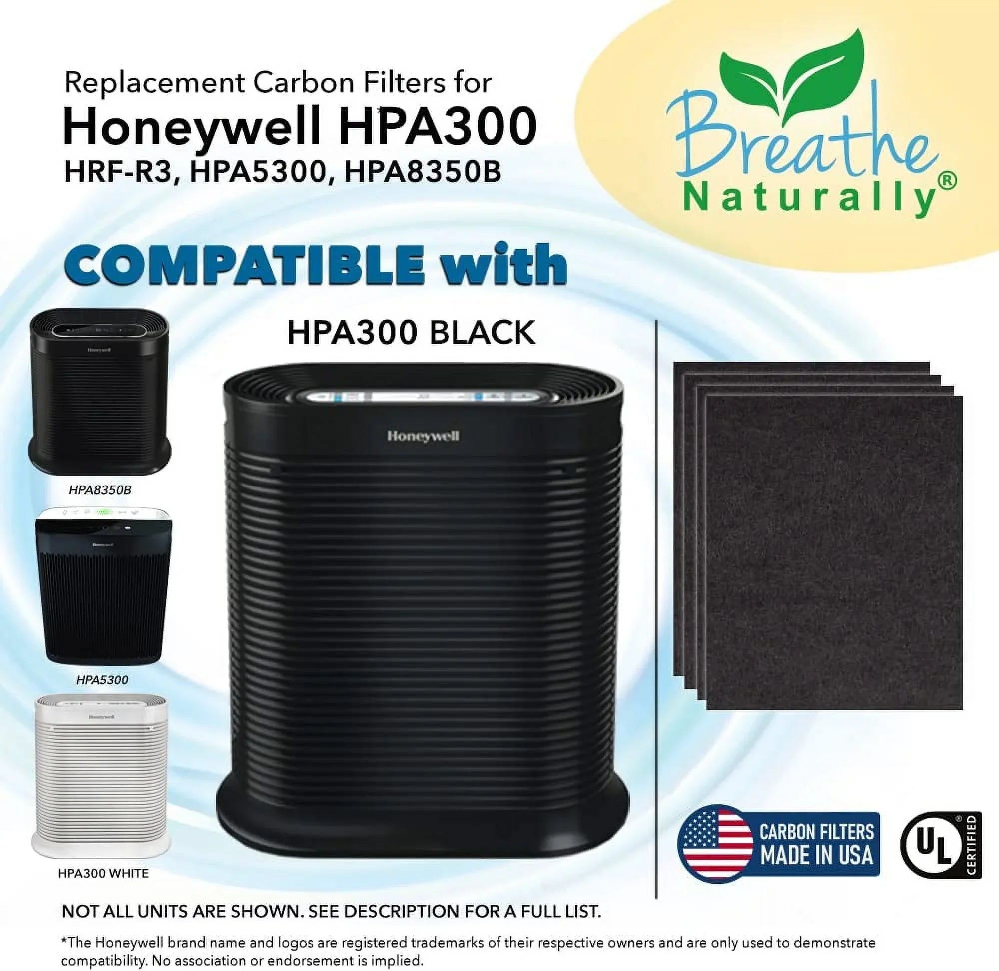 Breathe Naturally HPA300 Replacement Carbon Prefilter 4pk for Honeywell HPA300 Series Air Purifiers
