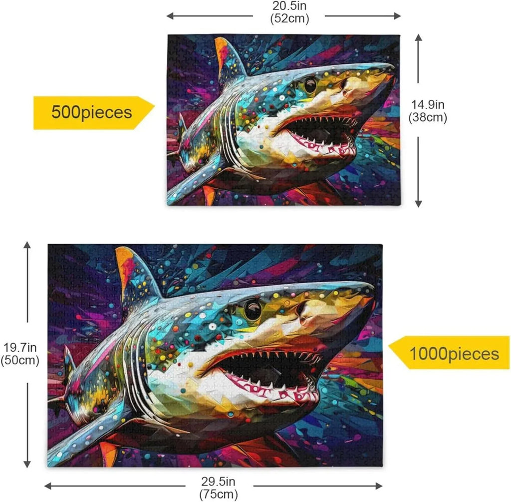 500 PCS Painting of Shark Jigsaw Puzzle, Paper Wood Composite Material Zigsaw with Storage Bag, Puzzle for Adults, Fun Challenging Brain Exercise Family Game Gift for Kids Friends Parents