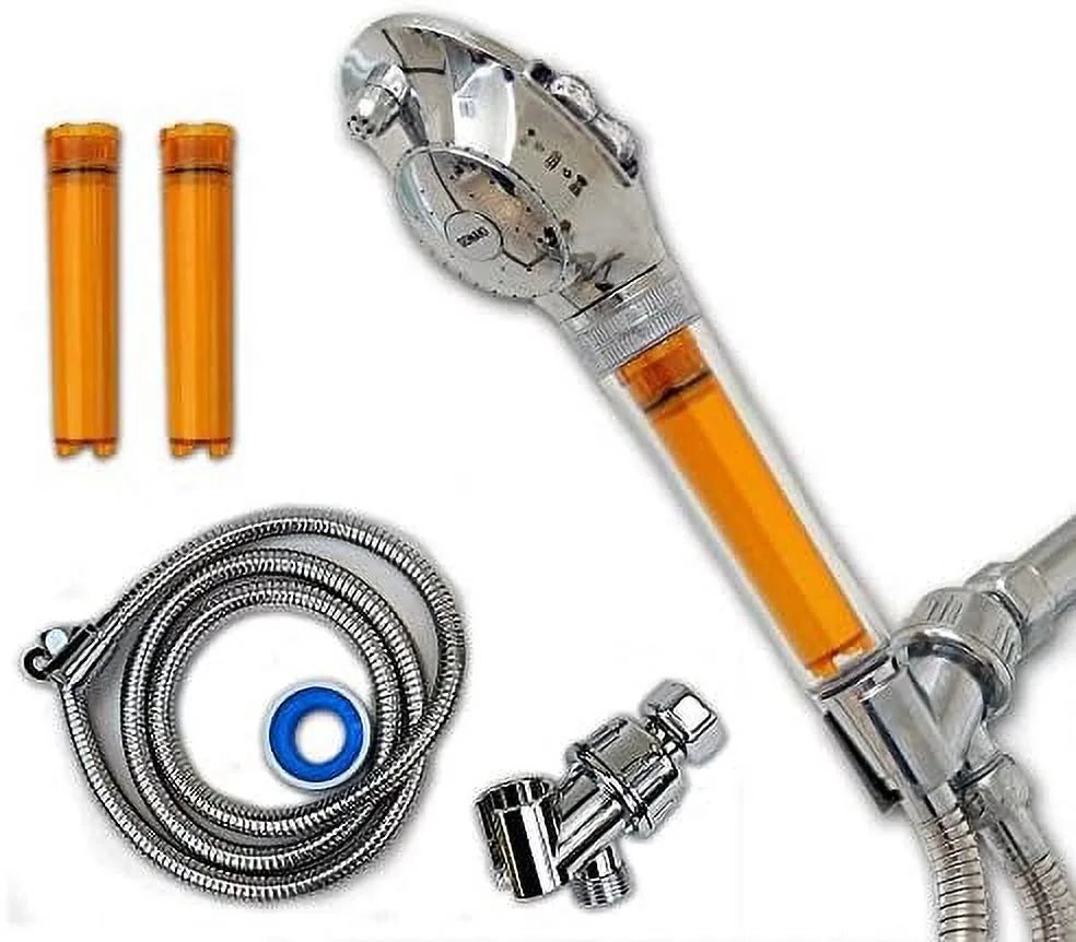 shower head with water filter by - 2 shower filters included - removes up to 99.9% of chlorine and chloramines - low flow high pressure