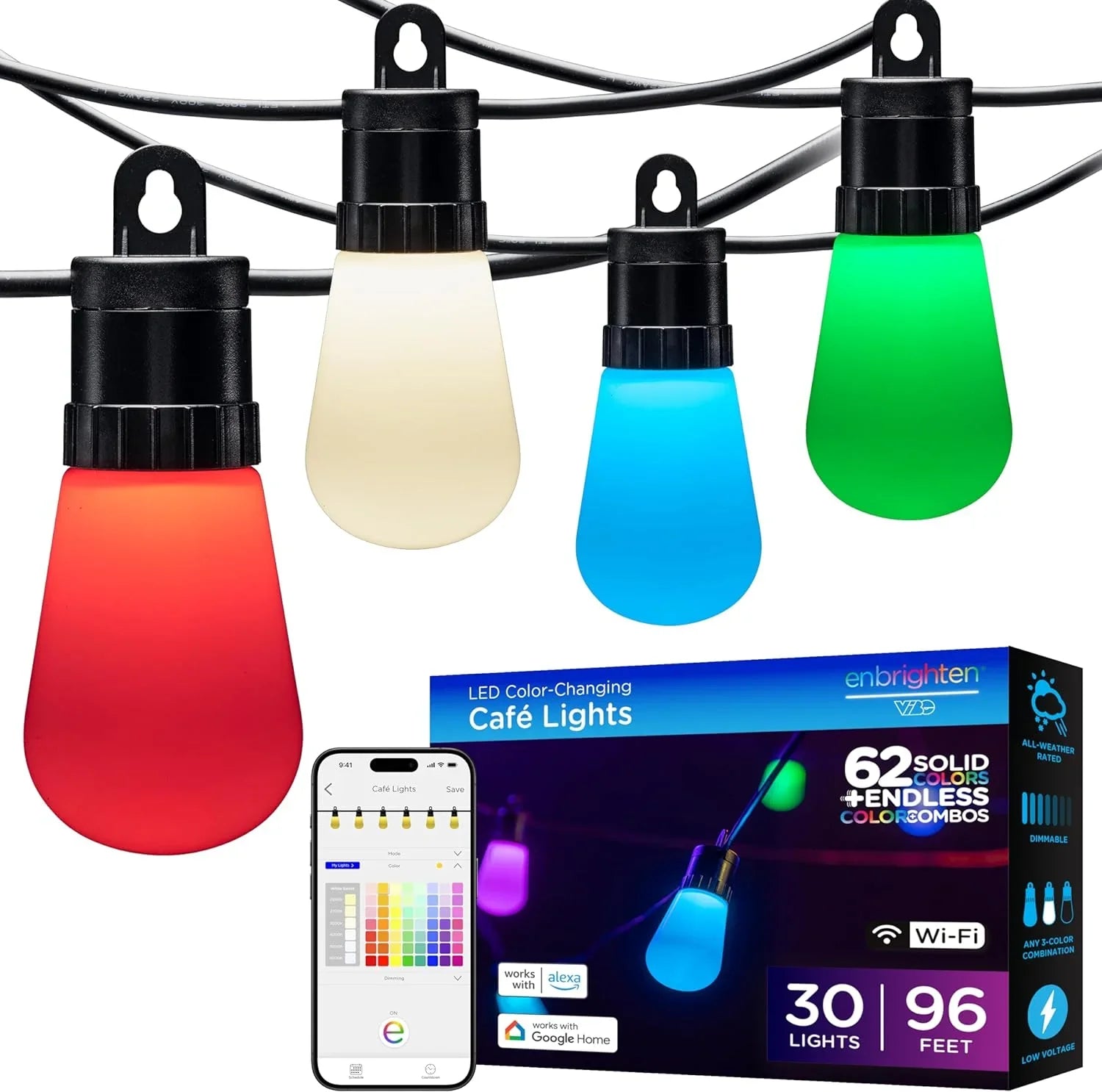 MINGFENG Smart Color Changing String Lights, 96 ft, 30 Lightweight RGB LED Patio Lights, Condition Customizable, Wi-Fi App Control, Dimmable Outdoor String Lights, 79617