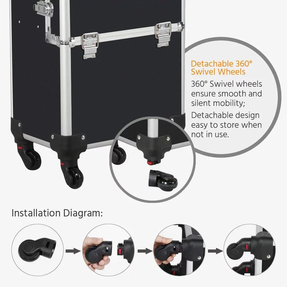 3-in-1 Aluminum Cosmetic Case Professional Makeup Train Case Large Capacity Trolley Makeup Travel Case