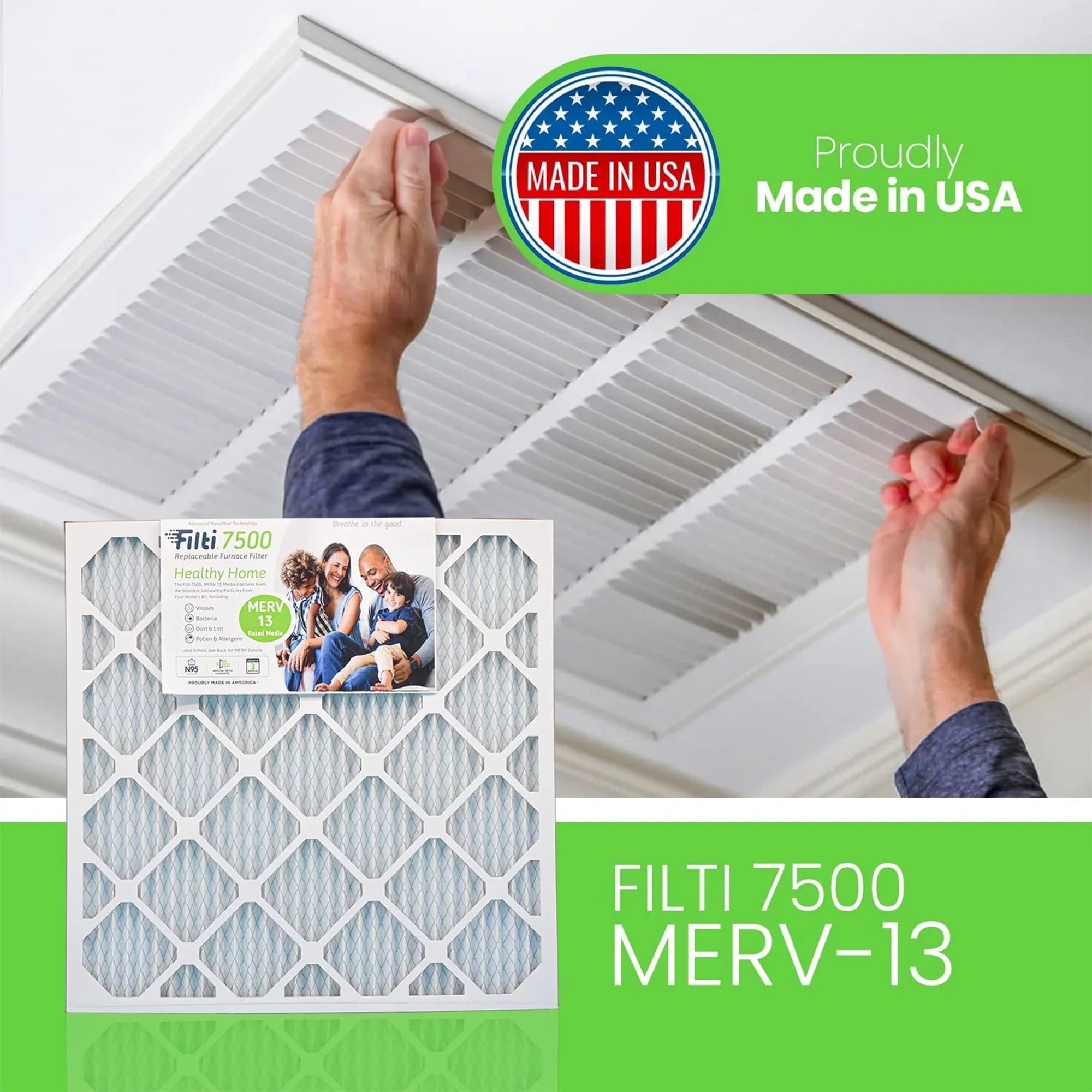 Filti 7500 Pleated Home HVAC Furnace 20x25x5 MERV 13 Air Filter (2 Pack)