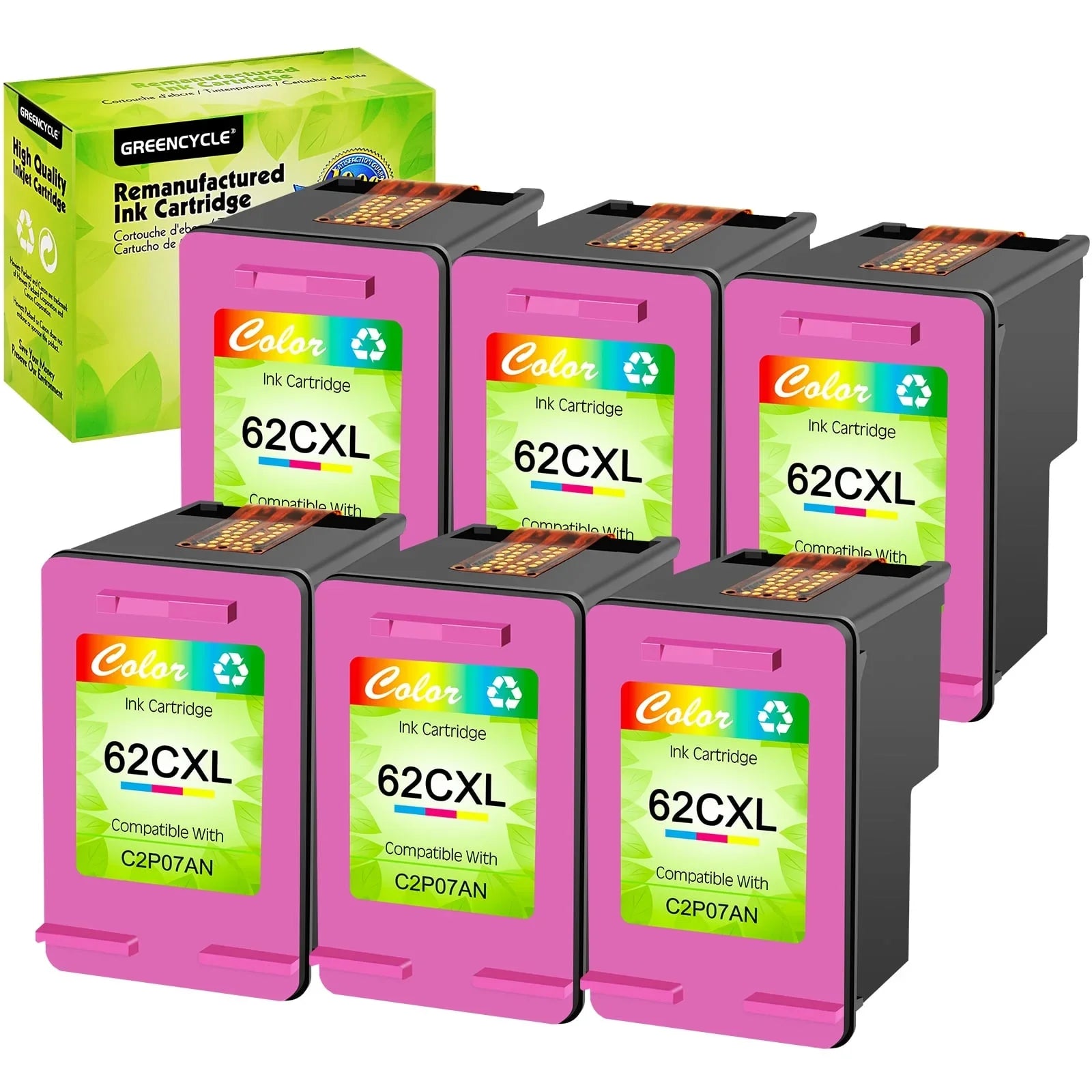 GREENCYCLE 62XL Ink Cartridges Replacement for HP High Yield 62 XL Fitting with Envy 5540 5640 5660 7644 7645 OfficeJet 5740 8040 OfficeJet 200 250 (6 Tri-Color)