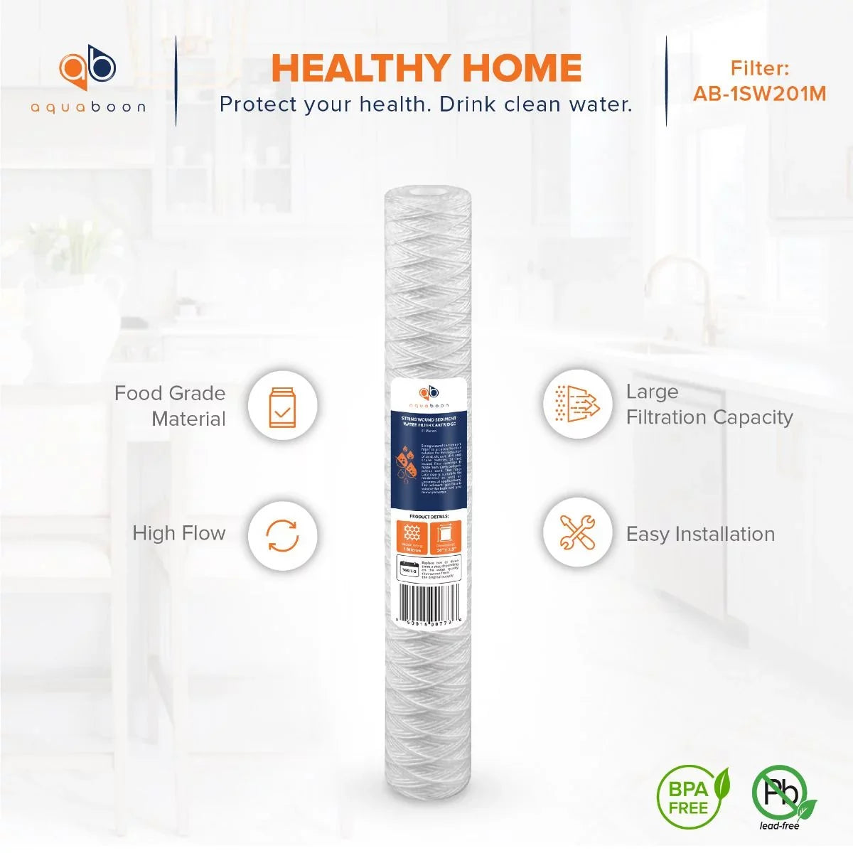 Aquaboon 1 Micron 20" x 2.5" String Wound Sediment Water Filter Cartridge | Universal Replacement for Any 20 inch RO Unit | Suitable with 101-230, PD-5-20, AP110-2C, P5-20, CFS124-C20, 4-Pack