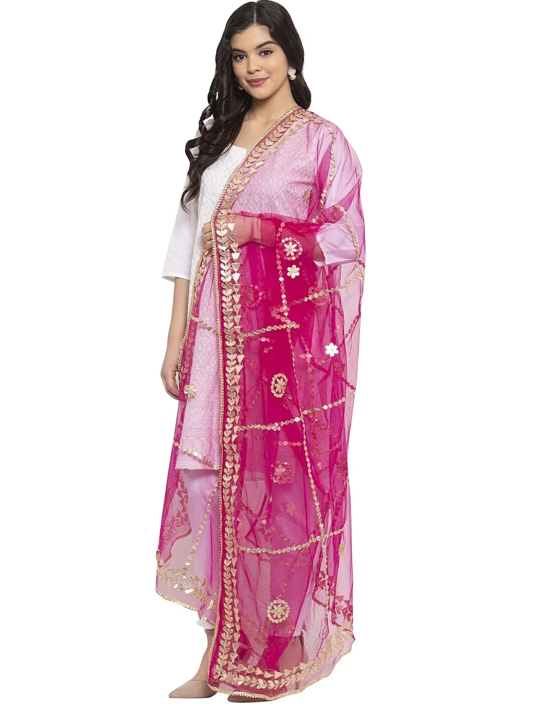 eloria Floral Magenta Woman's Indian Ethnic Chunni, Dupatta, Stole, Scarf Shawl Wrap