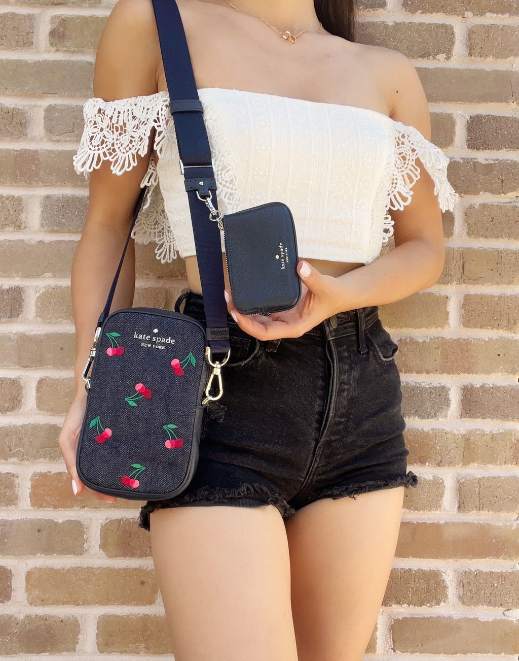 Kate Spade Denim Rosie Embroidered Cherries NS Phone Crossbody + Zip Pouch Coin