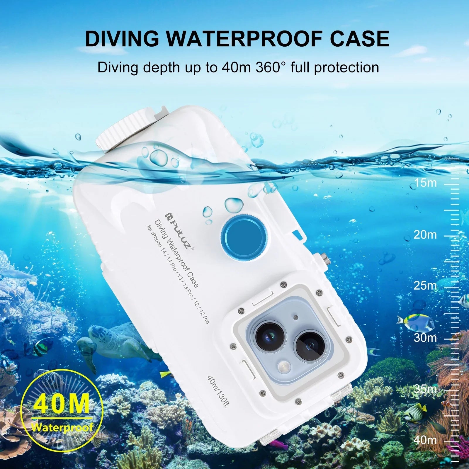 PULUZ 40M131ft Waterproof Phone Case Diving Case Smartphone Underwater Housing Protective Case with Red Filter Neck Strap Cleaning Cloth Replacement for 14/ 14 Pro/ 13/ 13 Pro/ 12/ 12 P