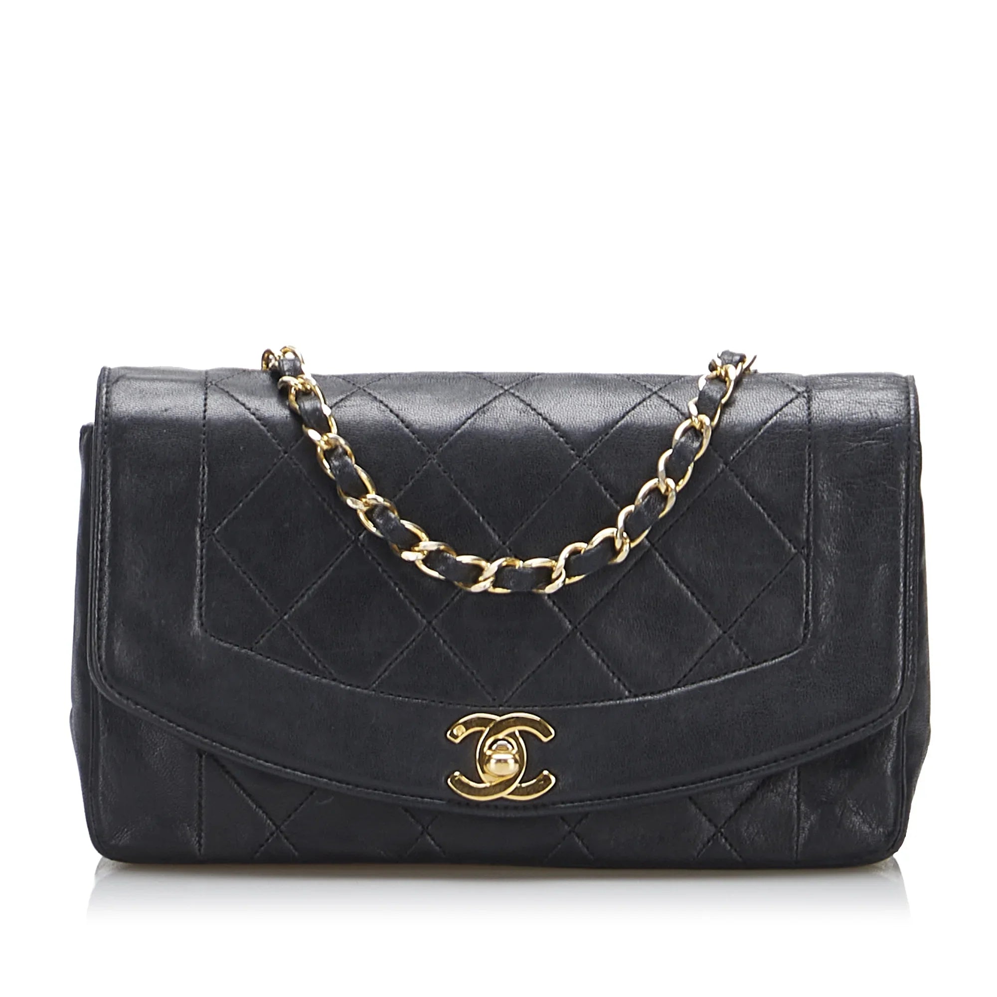 Pre-Owned Authenticated Chanel Small Lambskin Diana Flap Leather Black Crossbody Bag Unisex (Good)