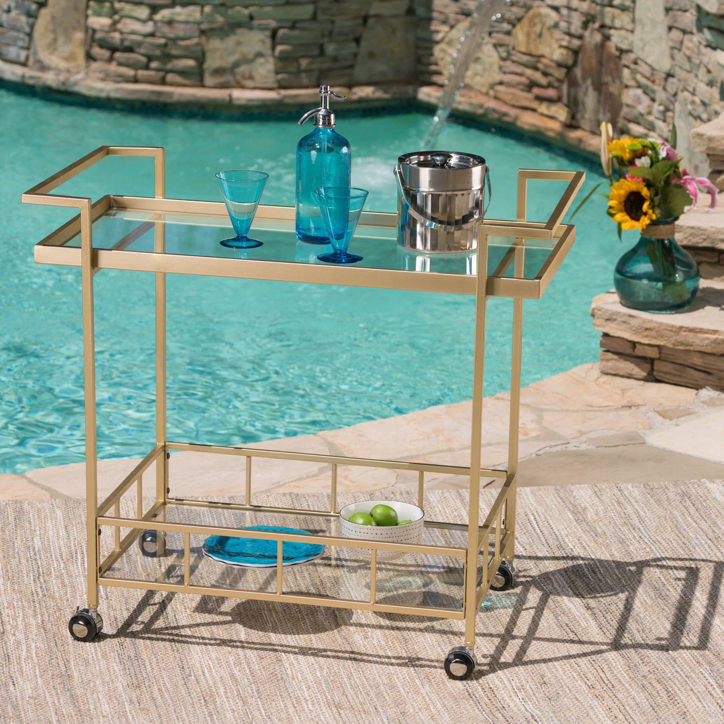 Aletta Industrial Iron and Glass Bar Cart, Gold
