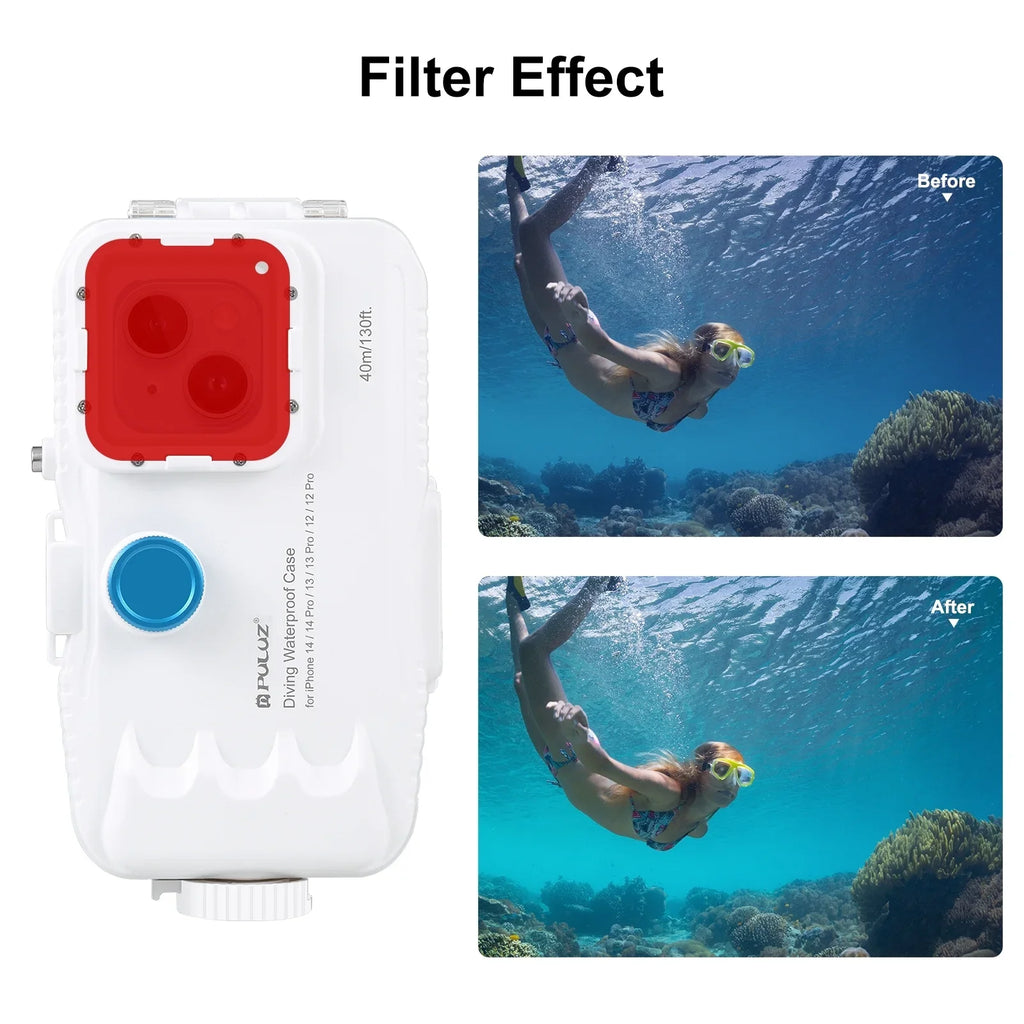 PULUZ 40M131ft Waterproof Phone Case Diving Case Smartphone Underwater Housing Protective Case with Red Filter Neck Strap Cleaning Cloth Replacement for 14/ 14 Pro/ 13/ 13 Pro/ 12/ 12 P