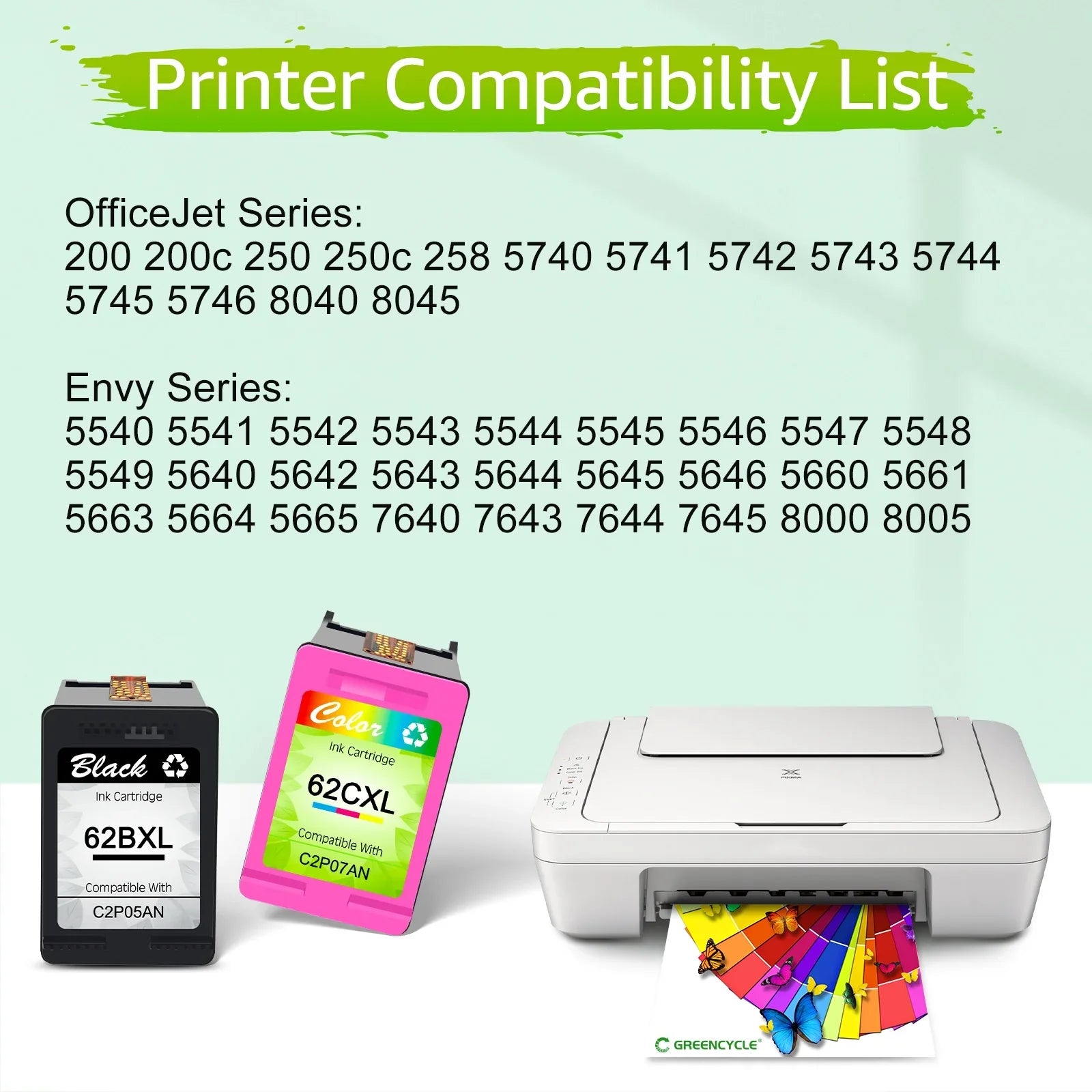 GREENCYCLE 62XL Ink Cartridges Replacement for HP High Yield 62 XL Fitting with Envy 5540 5640 5660 7644 7645 OfficeJet 5740 8040 OfficeJet 200 250 (6 Tri-Color)