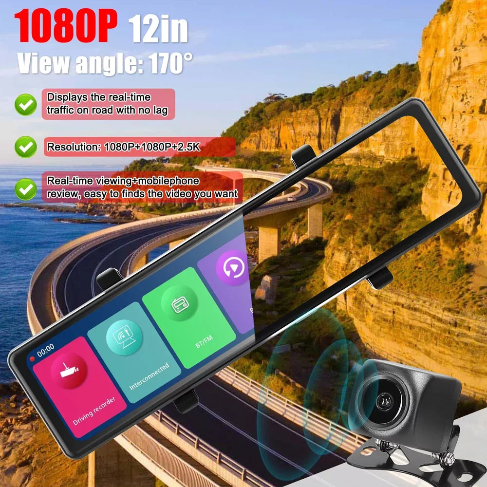 Andoer Dash Camera,3 Cameras Dash Cam Mirror Bt Car Touched Screen Bt Car Video 2.5k Clear Car 12in 2.5k Clear Car Camera Car Rearview Mirror Cam 12in 2.5k Rearview Mirror Bt Screen 2.5k Car