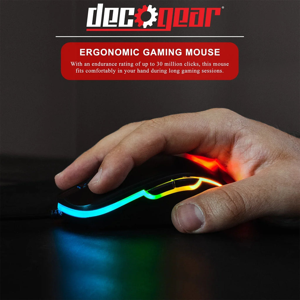 Deco Gear Mid-Tower PC Gaming Computer Case Starter Kit, 3-Sided Tempered Glass and LED Lighting, Mini-ITX, Micro-ATX, ATX, with Wired RGB Gaming Mouse, RGB Mechanical Gaming Keyboard, and Mouse Pad
