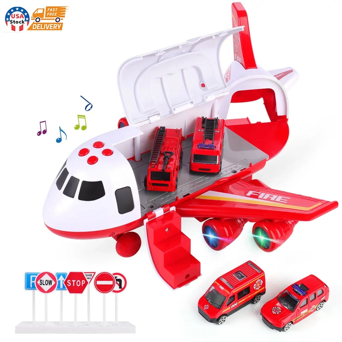 SHAN Airplane Toy Fire Truck Playset with Music and Lights, Transformable Airplane Storage Cart, 3-6 Years Old Boys and Girls Birthday Christmas Gift (Red)
