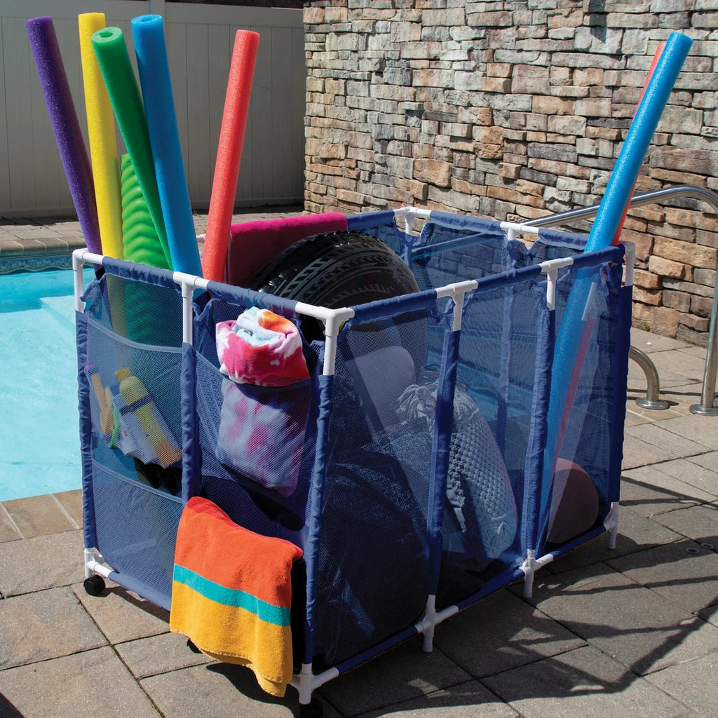 Pool Bins Pool Storage Organizer Mesh Rolling Pool Equipment Bin, Extra Large (30.2" L x 47.2" W x 34" H) Style PB-X600, Blue, PBFT-1529