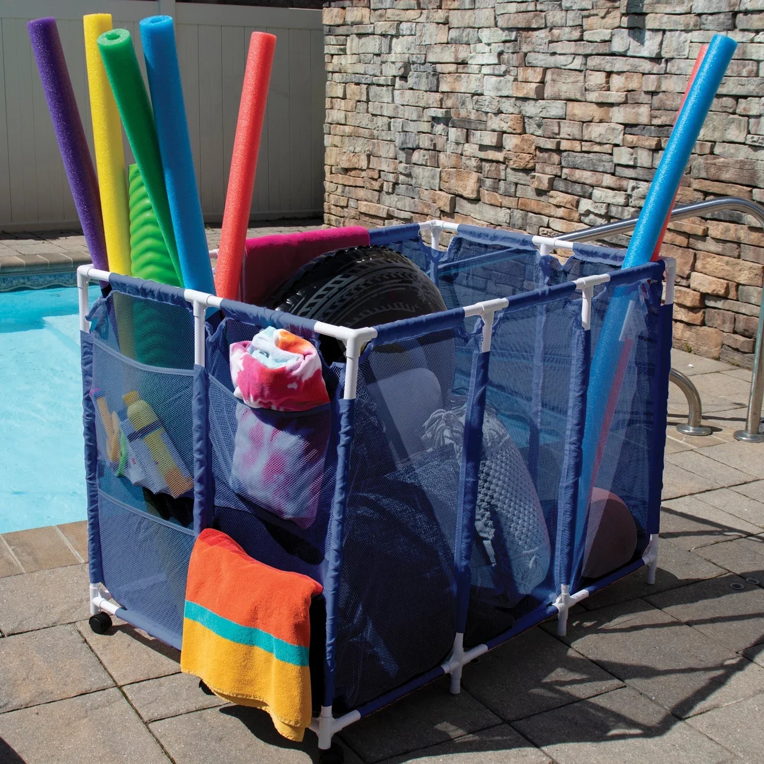 Pool Bins Pool Storage Organizer Mesh Rolling Pool Equipment Bin, Extra Large (30.2" L x 47.2" W x 34" H) Style PB-X600, Blue, PBFT-1529