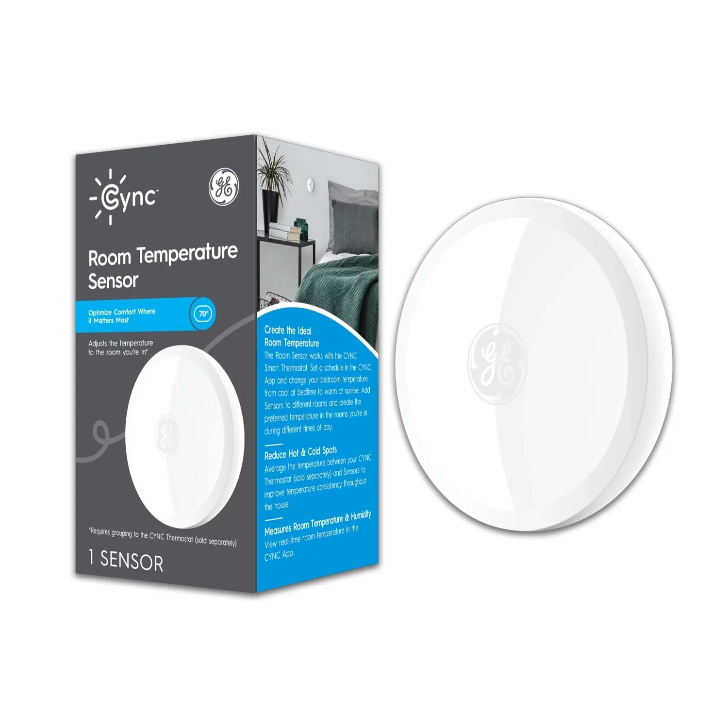 GE CYNC Smart Temperature Sensor, Thermostat Sensor, Humidity Sensor, Works with CYNC Smart Thermostat (Sold Separately), Set Schedules in CYNC App (1 Pack)