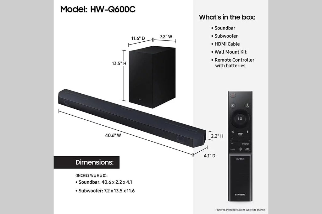 Samsung HW-Q600C 3.1.2ch Soundbar and Subwoofer with Dolby Atmos with a Walts TV SOUNDBAR-MOUNT for Fitting Soundbars Under 15lb (2023)