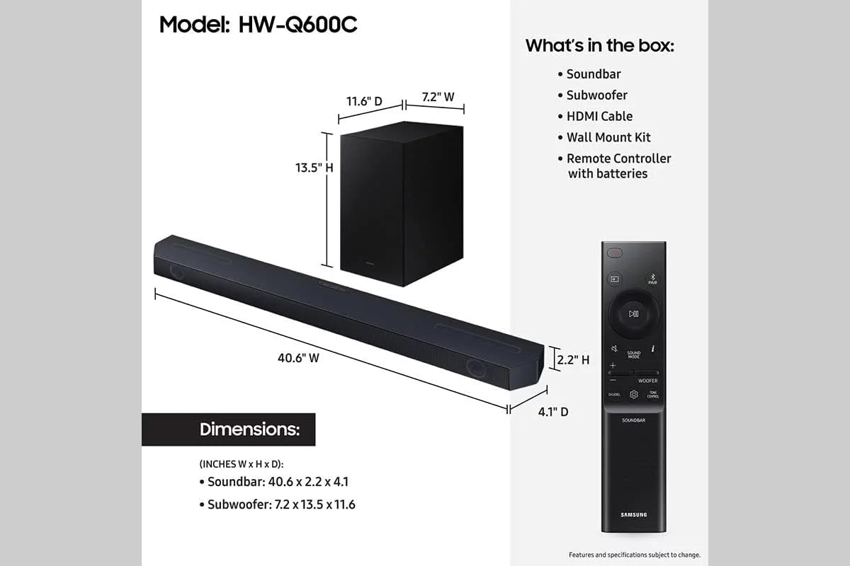 Samsung HW-Q600C 3.1.2ch Soundbar and Subwoofer with Dolby Atmos with a Walts TV SOUNDBAR-MOUNT for Fitting Soundbars Under 15lb (2023)
