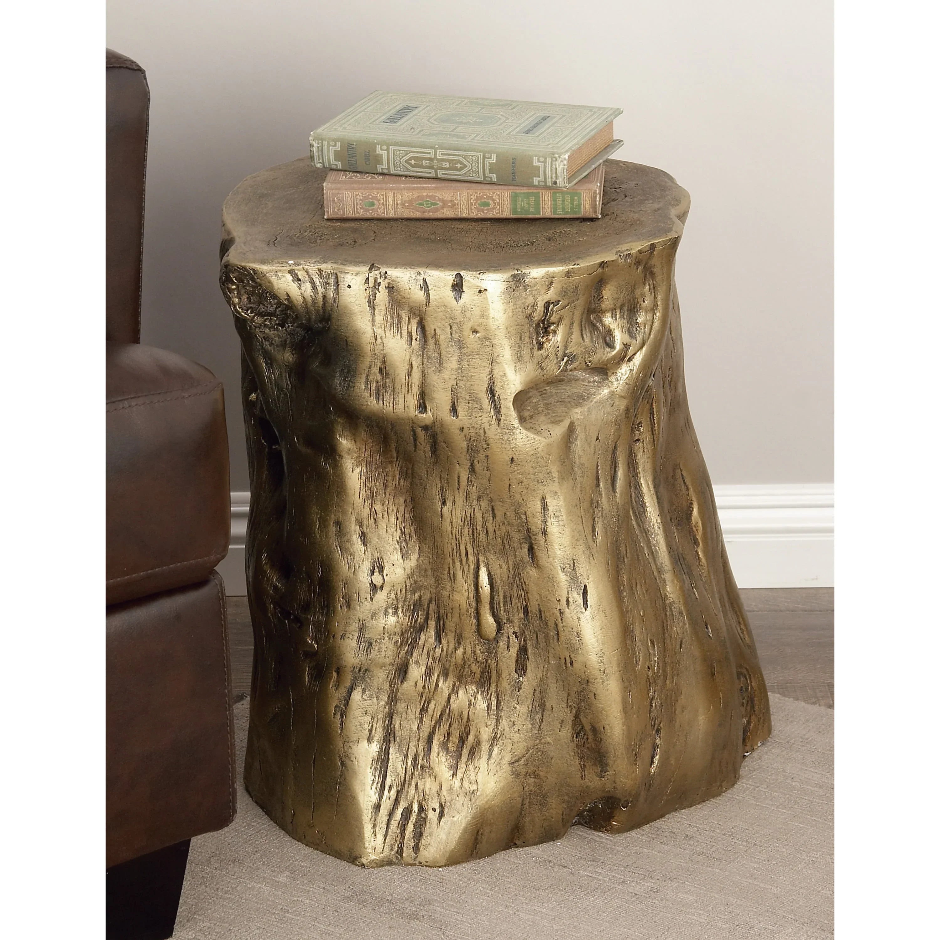 DecMode Eclectic Gold Chopped Tree Log Inspired Accent Table, 18"W x 19"H with Gold Carved Wood Grain Finish