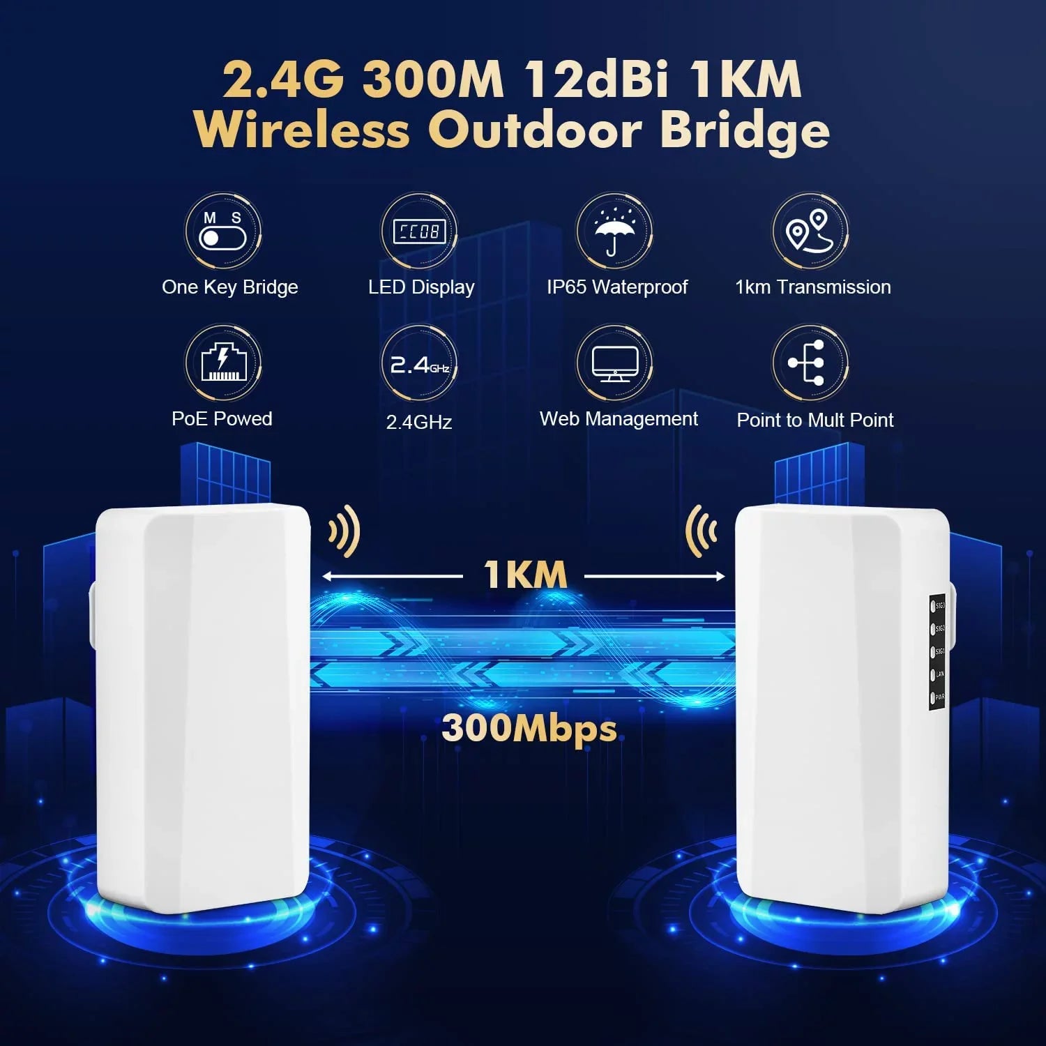 Outdoor Bridge, Point to Point Bridge, 2.4GHz 500M-1KM Distance, 2X 100Mbps Ethernet Port, 24V PoE