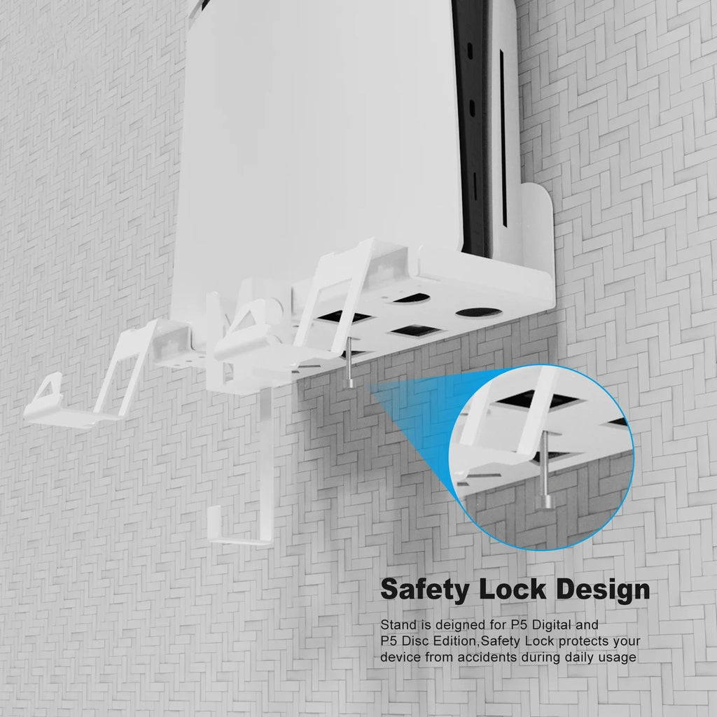 Strong Iron Wall Mount Bracket Set for PS5 Slim Space-Saving, Secure, and Convenient Storage with Dual Charging Cable