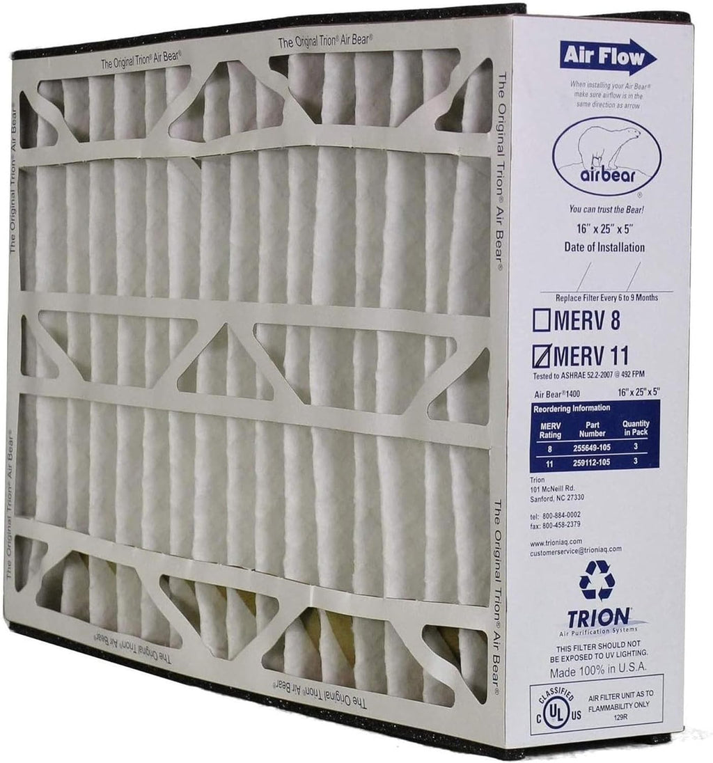 16 x 25 x 5 Inch MERV 11 High Performance Air Purifier Filter Replacement for Air Bear Cleaner Purification Systems, White (3 Pack)
