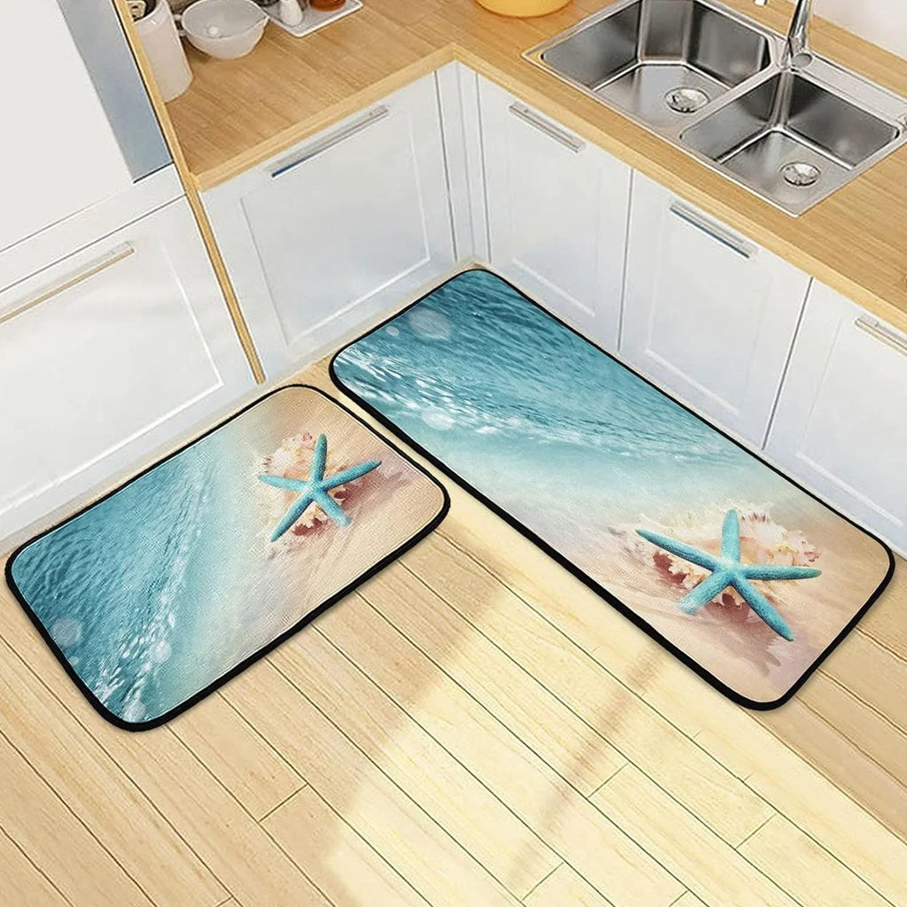 Bestwell Starfish Summer Beach Kitchen Mats and Rugs, Sea Wave Conch Floor Runner Area Rug Washable Carpet Perfect for Living Room Bedroom Entryway, 19.7"x27.6" + 19.7"x47.2"
