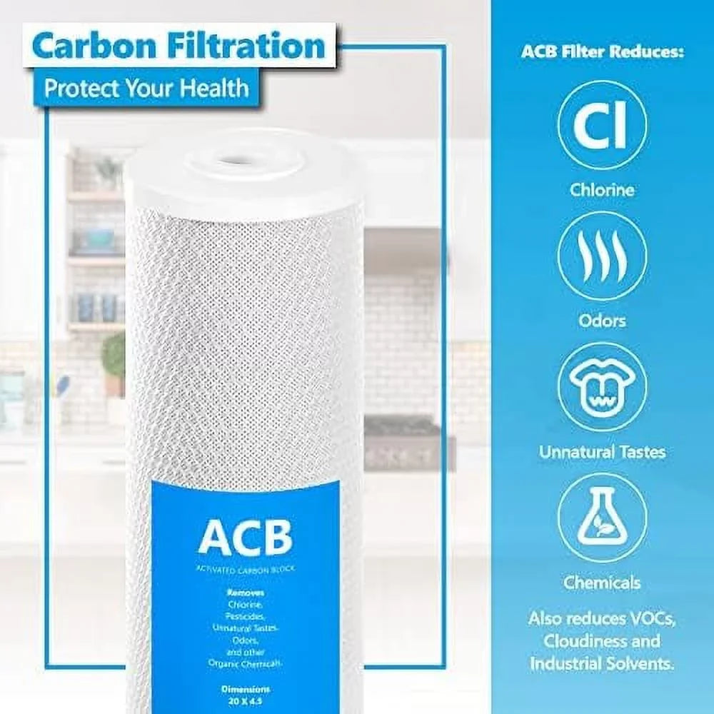 6 pack water filter activated carbon block replacement filter acb large capacity water filter whole house filtration 5 micron water filter 4.5” x 20” inch
