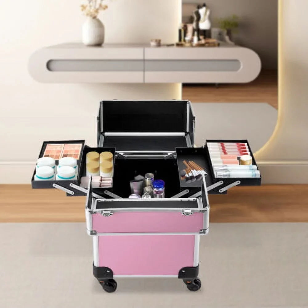 Rolling Extendable Makeup Case Cosmetic Train Box Trolley Large Storage Space
